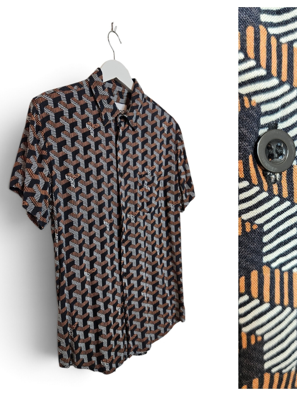Reason Clothing Mens M Compose Geometric Button Down Streetwear Black Orange 3D